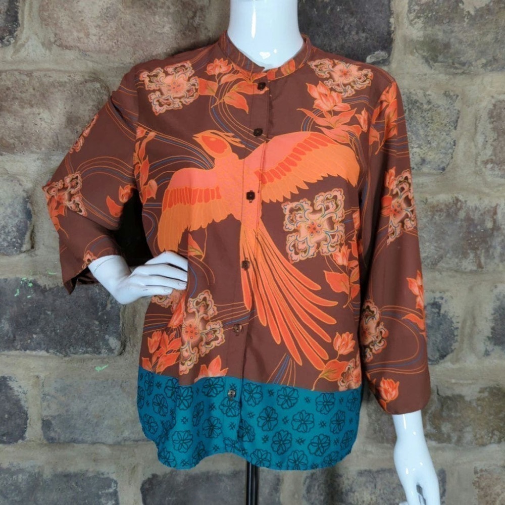 Sag Harbor Oriental Phoenix Print Blouse Orange Brown Turquoise Woman's Small